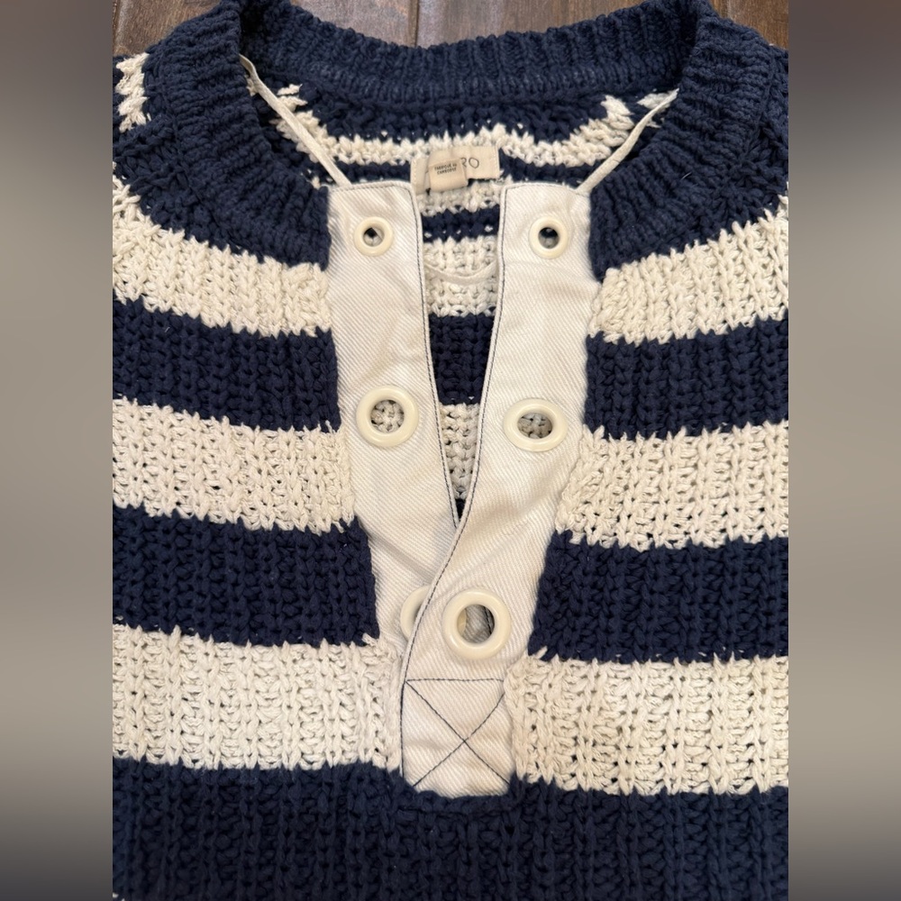 Pilcro Bell-Sleeve Henley Sweater Striped Navy Blue Cream size XXS - Picture 4 of 12